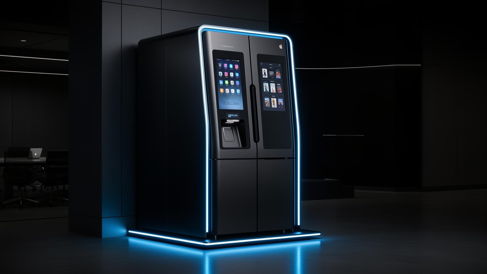 Futuristisk smart fridge med neonblå accentbelysning